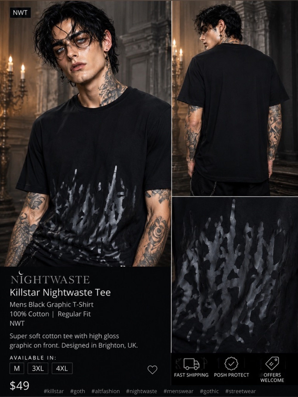 Killstar Nightwaste Graphic Tee NWT Goth Alt Streetwear Black Shirt